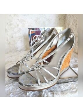 NWOT Coach Silver Joslin Silver Leather & Cork Wedges Sz 10